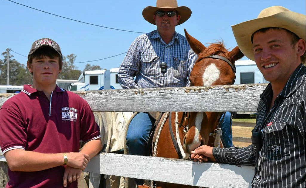 Jake Keogh, Glen Fanning on Bailey and Dan Roche are just a few of the volunteer laneway men working at the Warwick Rodeo and Campdraft this week. Jake Keogh, Glen Fanning on Bailey and Dan Roche are just a few of the volunteer laneway men working at the Warwick Rodeo and Campdraft this week.